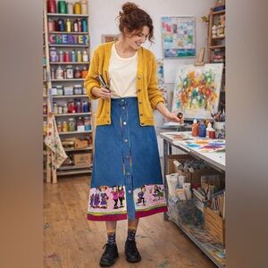 Original Russ Sport Co Denim Midi Skirt 12 Rainbow Stitch Cartoon Border VTG 90s